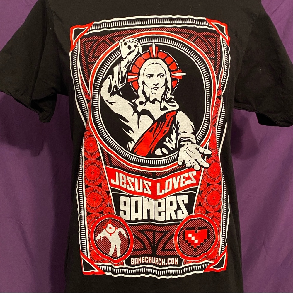 “Jesus Loves Gamers” Black and Red Fitted Tee. Unisex.